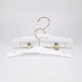 Children Matt white color wooden hanger for kids top and bottom wooden hanger with antique gold round hook hanger with clips